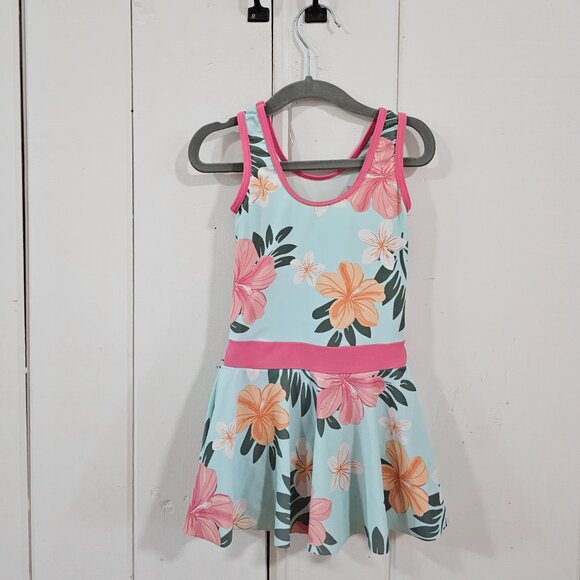 Girls Skirted Swimsuit/Unitard Active Dress Mint Green with Hawaiian Flowers 4T - Picture 3 of 4